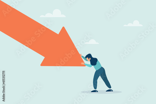 The girl pushes the falling arrow with all her might. Survive an investment crash, a crisis or recession, a pushback or an attempt to win in business, an economic downturn. Vector illustration.
