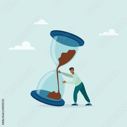 Nervous guy tries to stop the hourglass before it falls. Project deadline, lack of time or time management. Vector flat style illustration.
