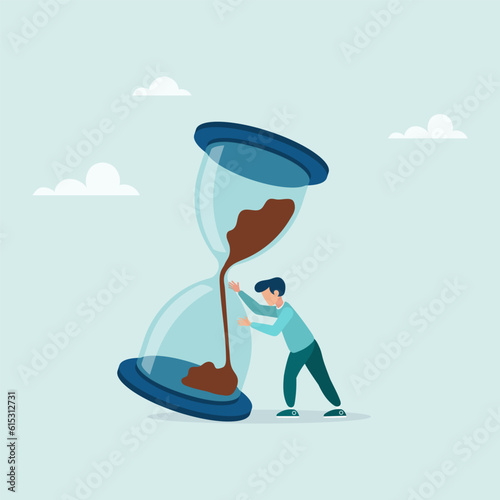 Nervous guy tries to stop the hourglass before it falls. Project deadline, lack of time or time management. Vector flat style illustration.
