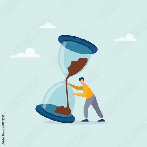 Nervous guy tries to stop the hourglass before it falls. Project deadline, lack of time or time management. Vector flat style illustration.
