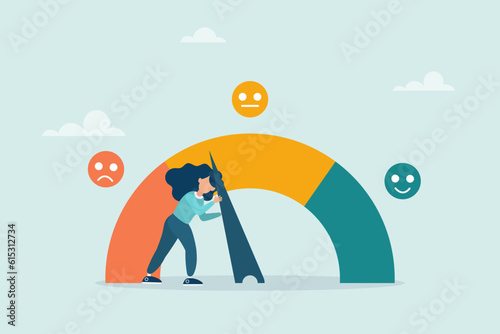 The girl pulls the arrow to make the rating scale excellent. Performance evaluation or customer feedback, satisfaction rating, quality control or improvement.

