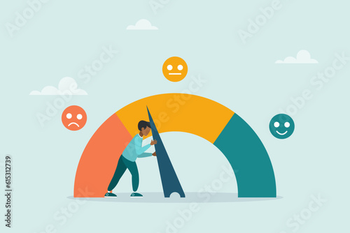 The guy is tugging at the arrow to make the rating scale perfect. Performance evaluation or customer feedback, satisfaction rating, quality control or improvement. 