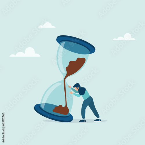 Nervous girl tries to stop the hourglass before it falls. Project deadline, lack of time or time management. Vector flat style illustration.
