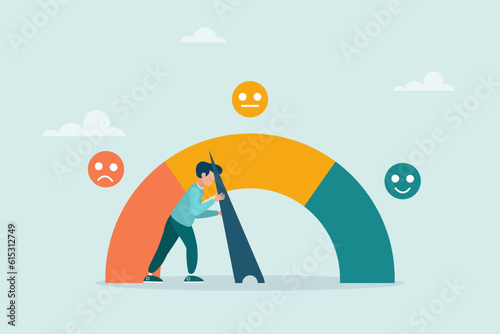 The guy is tugging at the arrow to make the rating scale perfect. Performance evaluation or customer feedback, satisfaction rating, quality control or improvement. 