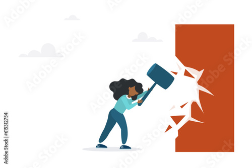 Overcome business boundaries or restrictions, break down walls to see new job opportunities. Concept of career challenges. The girl breaks the wall with a hammer.