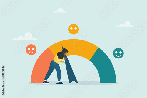 The girl pulls the arrow to make the rating scale excellent. Performance evaluation or customer feedback, satisfaction rating, quality control or improvement.
