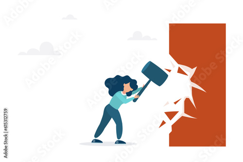 Overcome business boundaries or restrictions, break down walls to see new job opportunities. Concept of career challenges. The girl breaks the wall with a hammer.