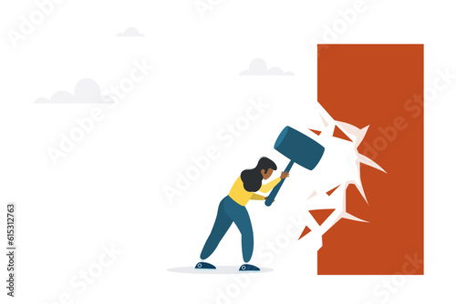 Overcome business boundaries or restrictions, break down walls to see new job opportunities. Concept of career challenges. The girl breaks the wall with a hammer.
