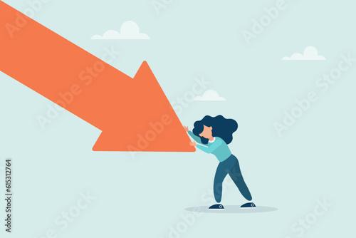 The girl pushes the falling arrow with all her might. Survive an investment crash, a crisis or recession, a pushback or an attempt to win in business, an economic downturn. Vector illustration.
