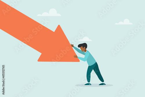 The guy pushes the falling arrow with all his might. Survive an investment crash, a crisis or recession, a pushback or an attempt to win in business, an economic downturn. Vector illustration.
