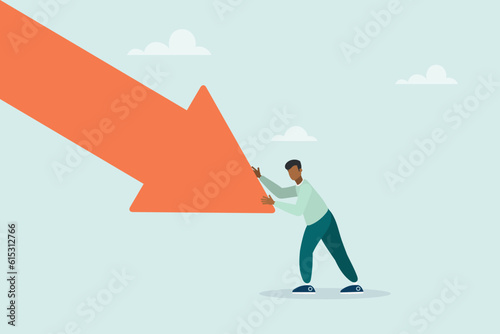 The guy pushes the falling arrow with all his might. Survive an investment crash, a crisis or recession, a pushback or an attempt to win in business, an economic downturn. Vector illustration.
