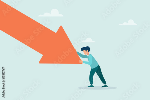The guy pushes the falling arrow with all his might. Survive an investment crash, a crisis or recession, a pushback or an attempt to win in business, an economic downturn. Vector illustration.

