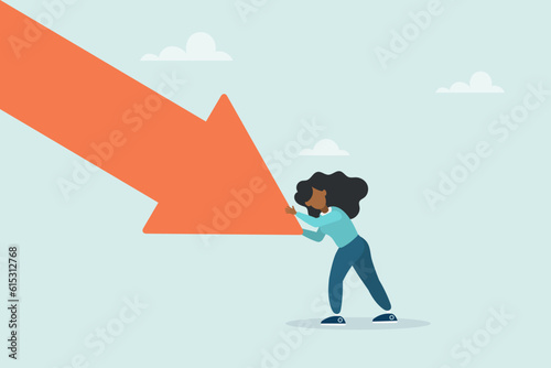 The girl pushes the falling arrow with all her might. Survive an investment crash, a crisis or recession, a pushback or an attempt to win in business, an economic downturn. Vector illustration.
