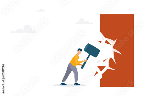 Overcome business boundaries or restrictions, break down walls to see new job opportunities. Concept of career challenges. The guy breaks the wall with a hammer.
