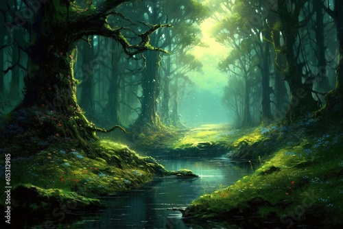 Fantasy landscape with fantasy forest.Generative Ai