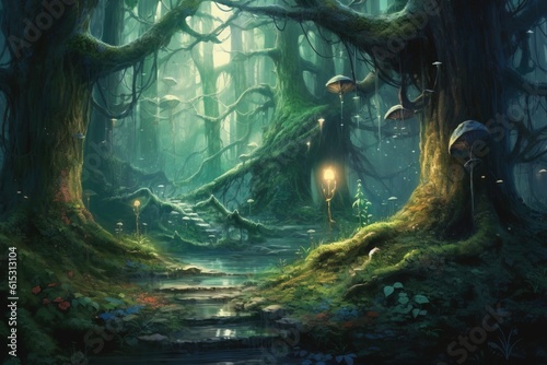 Fantasy landscape with fantasy forest.Generative Ai