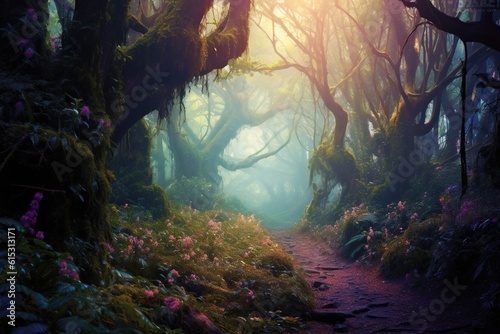 Fantasy landscape with fantasy forest.Generative Ai © Rudsaphon