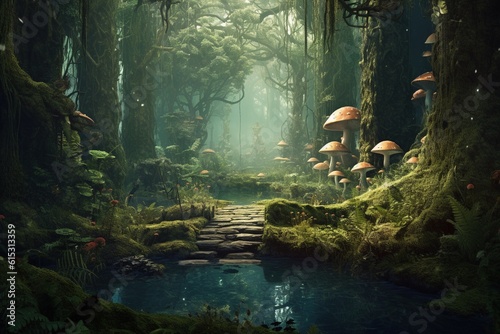 Fantasy landscape with fantasy forest.Generative Ai