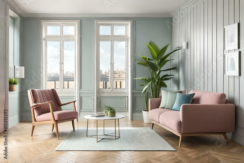 Design interior apartment. Aloe in pink pot on wooden table in pastel apartment interior with plants and armchair beside sofa with pillows.