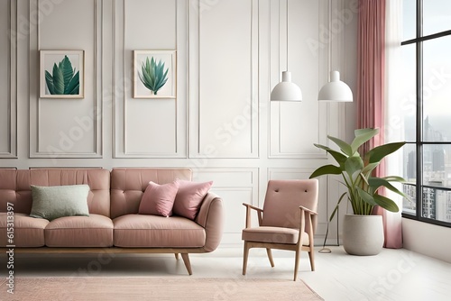 Aloe in pink pot on wooden table in pastel apartment interior with plants and armchair beside sofa with pillows. Copy space. © Nyetock