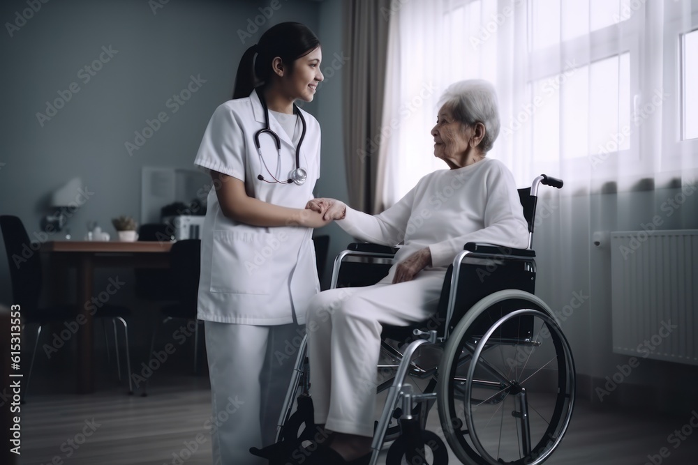 Nurse taking care of an elderly woman in a wheelchair at home, Generative AI