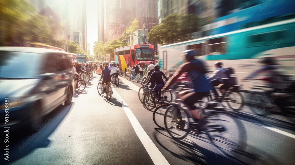 Obraz premium Bustling urban scene with a diverse array of vehicles navigating the city streets. Generative AI