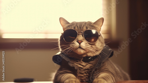 A cat sit on floor with sunglasses