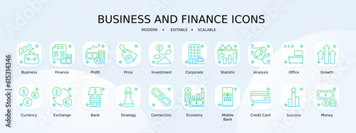 Business and finance icon collection with blue and green gradient outline style. interface, isolated, investment, stroke, lined, infographic, graph. Vector Illustration