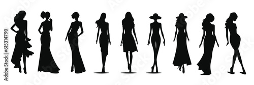 Set of woman silhouettes. Collection of fashion woman model silhouette. Girls woman sexy posing set vector silhouette. Vector illustration.