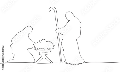 Continuous line drawing of born Jesus, Black and white vector minimalist illustration of religion concept