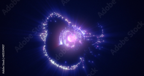 Abstract purple energy sphere with flying glowing bright particles, science futuristic atom with electrons hi-tech background