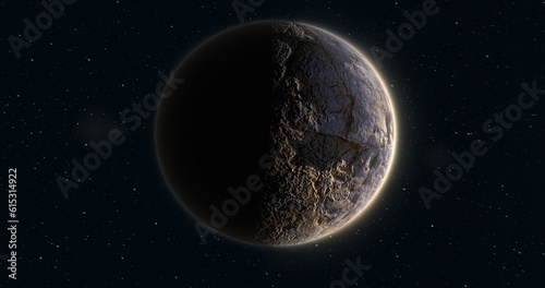 Abstract realistic space planet round sphere with a stone relief surface in space against the background of stars