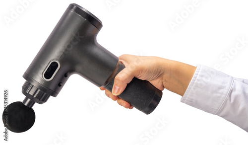 Billede på lærred Close up Female hand holding electric massager for relaxation, fatigue Black handheld electric massager on white PNG File