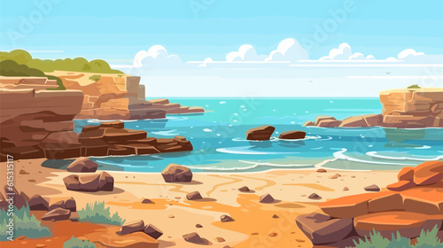 Sunny day on a tropical beach. Big rocks. Calm waves. Clear sky. Bright warm colors. The beauty of the sea. Seascape, work of art. Vector illustration design