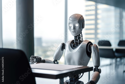 White AI Robot Sitting in Office at Desk in a Meeting Waiting Science Military Defense Technology Business Generative AI
