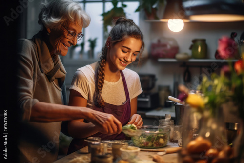 A grandmother teaching her granddaughter cooking skills in a traditional kitchen, encapsulating the essence of bonding, love, and heritage, generative ai photo