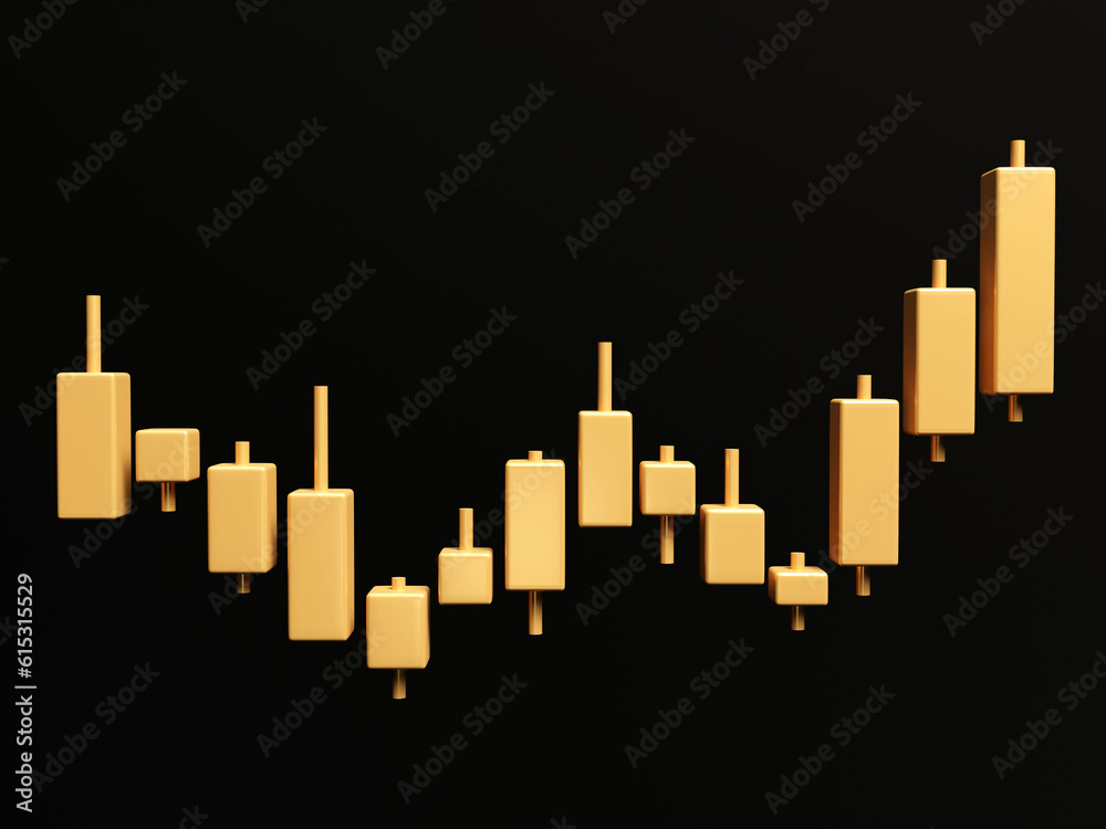 Fototapeta premium 3D Gold Candle stick Chart isolated on black background, financial and stock markets, Minimal concept trading crypto currency, investment trading, exchange, forex, financial, index, Bullish. 