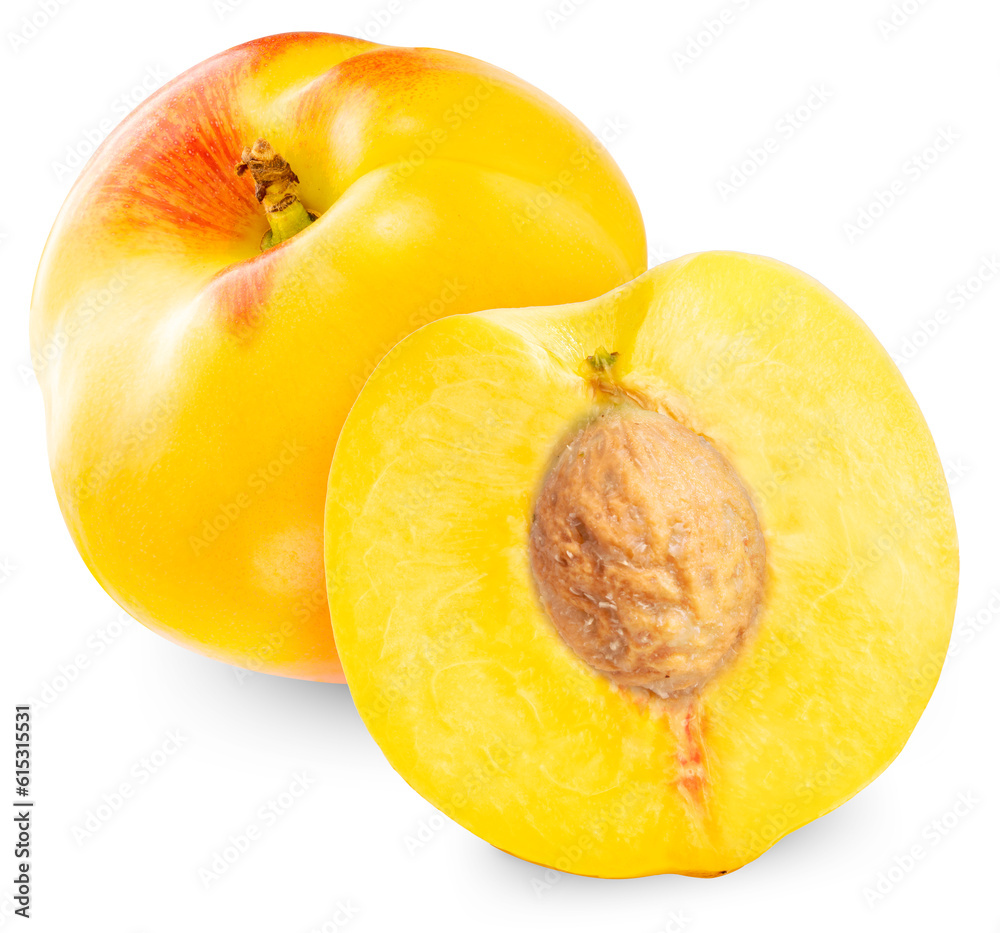 Yellow Peach on White background with clipping path, Peach or Nectarine fruit isolated on white background.