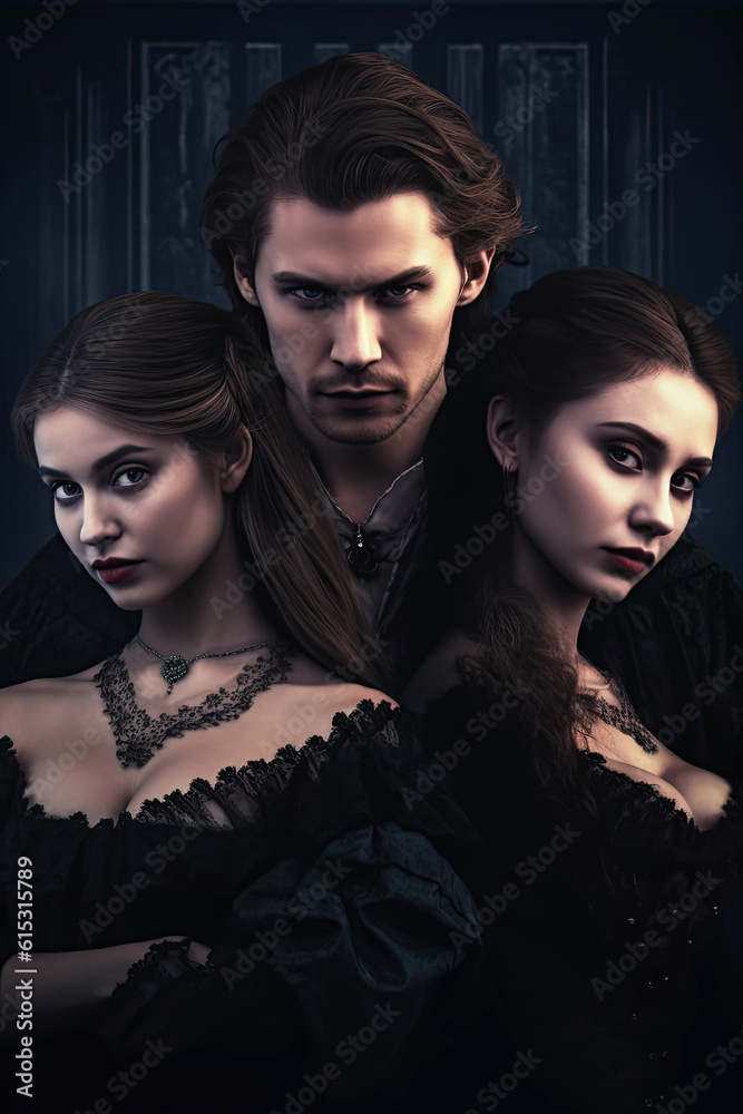 The cover of a vampire novel features three attractive vampires. Generative AI illustration. Vintage style on a black background. The cover of a vampire novel features three attractive vampires. Generative AI illustration. Vintage style on a black background.