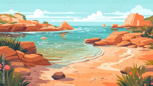 Sunny day on a tropical beach. Big rocks. Calm waves. Clear sky. Bright warm colors. The beauty of the sea. Seascape, work of art. Vector illustration design