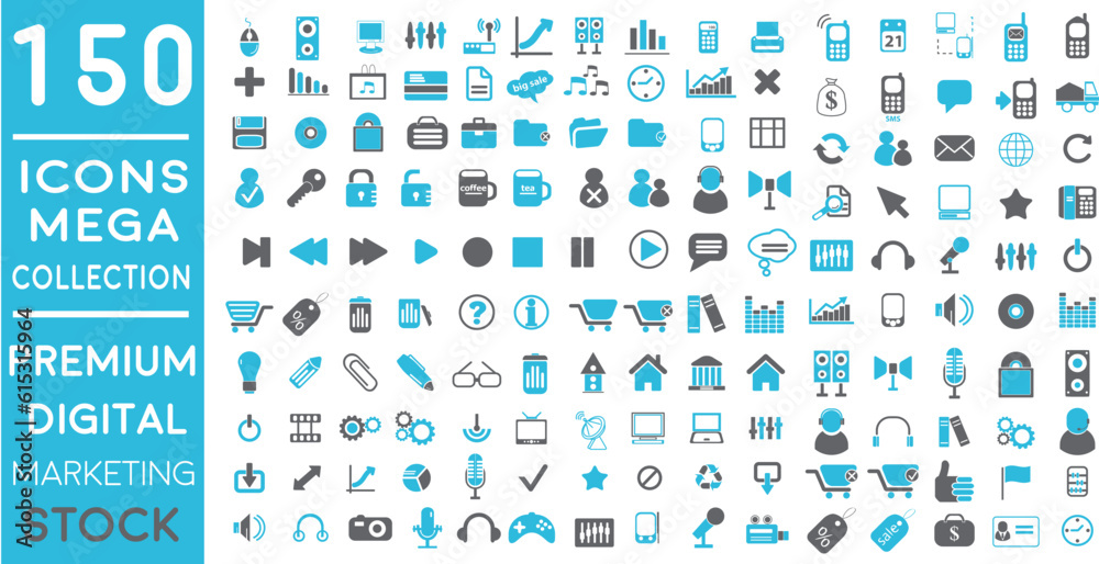 Premium Digital Marketing web icons in FLAT/LINE style icon pack with Social, networks, feedback, communication, marketing, and e-commerce. Vector illustration  blue icons set of  150 icon pack.