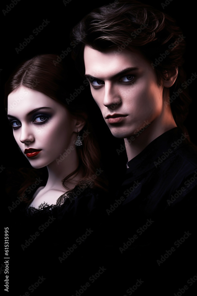 Cover of a vampire romance novel. A pair of attractive adult vampires - a man and a woman. Generative AI illustration. Vintage style. Cover of a vampire romance novel. A pair of attractive adult vampires - a man and a woman. Generative AI illustration. Vintage style.