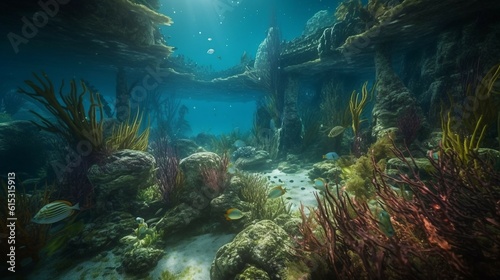 Scenic view of under water, ancient ruins on the sea bottom, with corals, sea weeds and fishes, ai generated