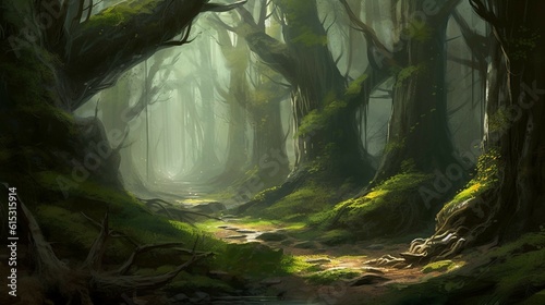 Slika na platnu Magical fantasy wood, large treest and dark colors, ai generated