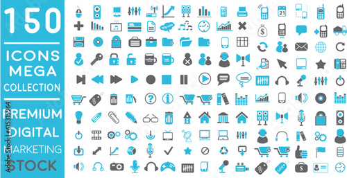 Premium Digital Marketing web icons in FLAT/LINE style icon pack with Social, networks, feedback, communication, marketing, and e-commerce. Vector illustration blue icons set of 150 icon pack.