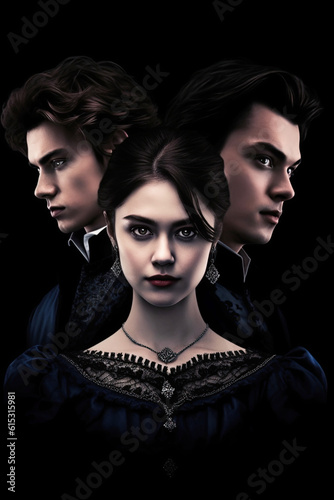 Three attractive vampires on a black background. Cover of a vampire novel. Generative AI illustration. Vintage style.