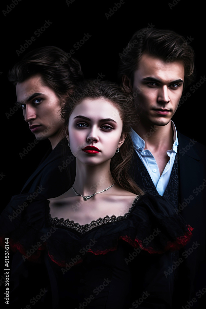 The cover of a vampire novel features three attractive vampires. Generative AI illustration. Vintage style on a black background. The cover of a vampire novel features three attractive vampires. Generative AI illustration. Vintage style on a black background.