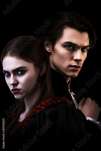 A pair of attractive vampires on a black background. Cover of a vampire romance novel. Generative AI illustration. Vintage style.
