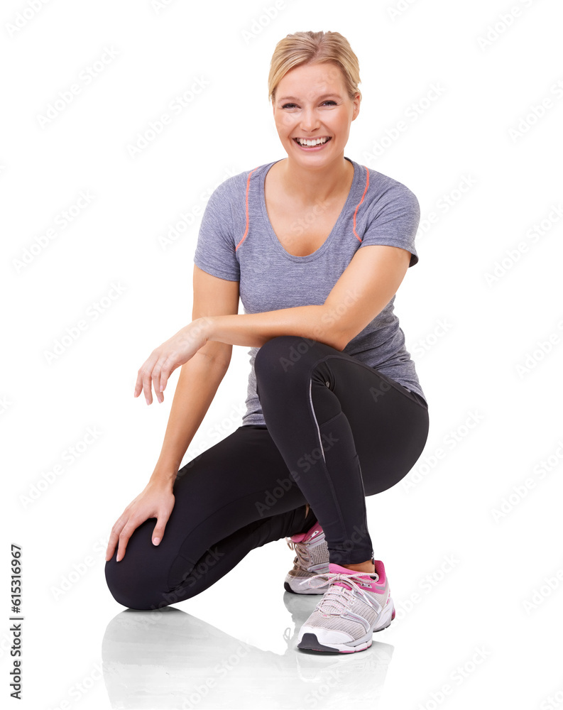 Fitness, happy and portrait of woman for workout on isolated, png and transparent background. Sports, gym training and happy female person smile for exercise for wellness, health and cardio on floor Fitness, happy and portrait of woman for workout on isolated, png and transparent background. Sports, gym training and happy female person smile for exercise for wellness, health and cardio on floor