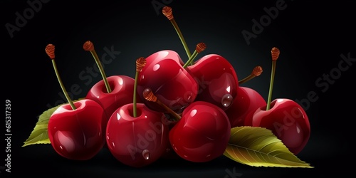 Fresh Organic Cherry Fruit On Dark Background  Horizontal Trendy Illustration. Healthy Vegetarian Diet. Ai Generated Bright Trendy Illustration with Delicious Juicy Cherry Fruit.